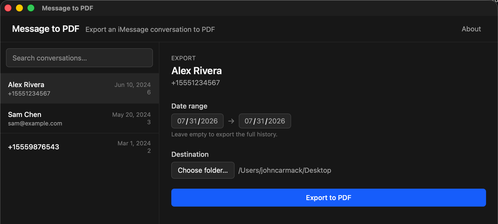 Message to PDF's export screen in dark appearance: a conversation list on the left, and export controls (date range, destination, Export to PDF) on the right.