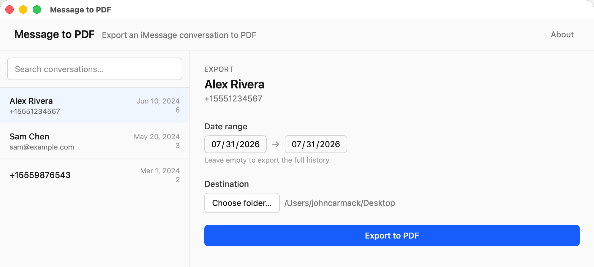 The same export screen in light appearance.