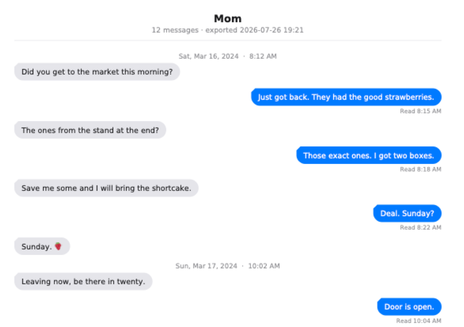 The first page of an exported PDF: the contact name, a message count, date separators, and iMessage bubbles with read receipts.